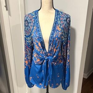 Free People Blue Floral Tie-Front Blouse